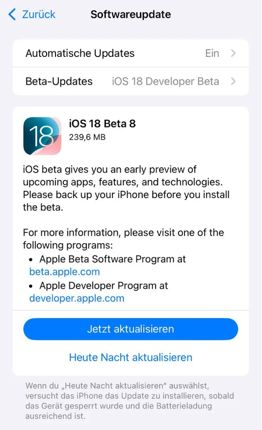 闻喜苹果手机维修分享苹果 iOS / iPadOS 18 开发者预览版 Beta 8 发布 